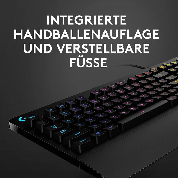 Ігрова клавіатура Logitech G213 Prodigy з RGB-підсвічуванням, програмовані клавіші G, мультимедійне керування, підставка для зап'ястя, захист від бризок, німецьке QWERTZ-розташування клавіш – чорний колір, німецька версія