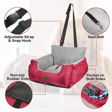 Автокрісло для собак та котів Fareyy - зручне та безпечне автоліжко для маленьких тварин, з підсумком та страхувальним ремінцем, водонепроникне, плюшеве, червоне