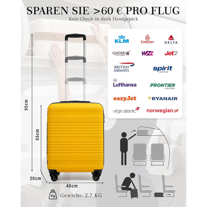 Набір валіз COOLIFE для ручної поклажі (55x35x20cm + 40x25x20cm) з TSA замком, 4 колеса, ABS, жовто-чорний колір