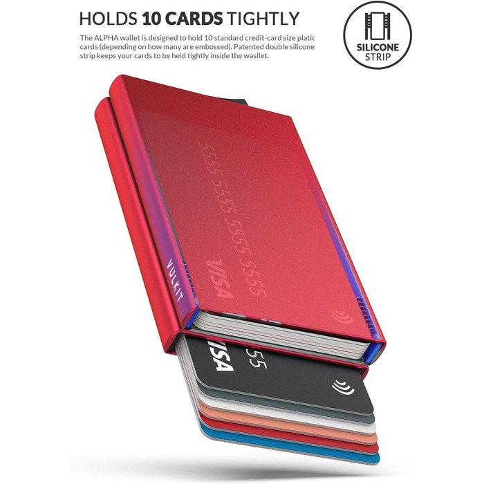 Металеве картхолдер VULKIT з RFID NFC захистом, червоний - для чоловіків, вміщує 10 карт