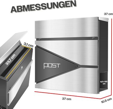 Поштовий ящик KESSER з газетницею, нержавіюча сталь, сріблясто-антрацитовий, з 2 ключами, настінний, з м'яким закриттям кришки, з кріпленням