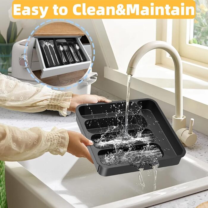 Органайзер для столових приладів висувний, 6 відділень, чорний пластик – регульоване кухонне зберігання для посуду та ножів
