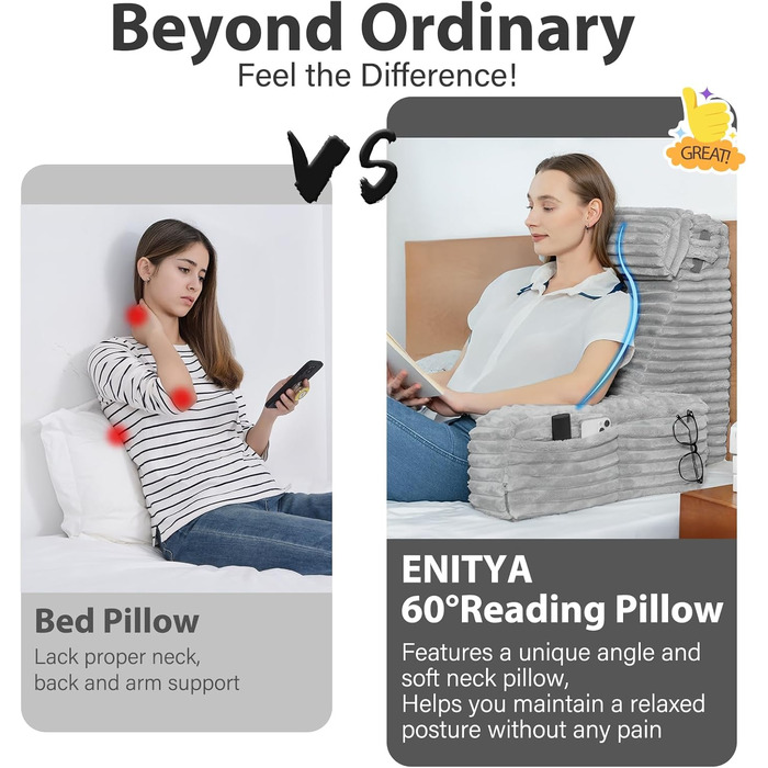 Подушка для спини ENITYA для читання та відпочинку в ліжку, сірого кольору