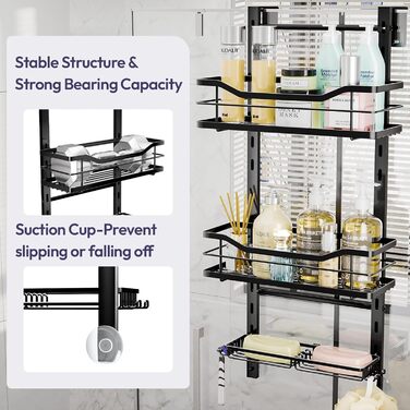 SWTYMIKI Adjustable Hanging Shower Shelf - No Drilling Shower Shelf for Glass Door, Stainless Steel Shower Shelf with Hooks and Soap Holder, Shampoo Holder for Shower, Black