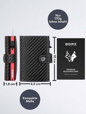 Крутий чохол-картхолдер BORZ Prime для AirTag з відділенням для монет, цифровою візитною карткою, захистом RFID, карбоном та червоною строчкою. Slim, шкіряний, з червоною строчкою.