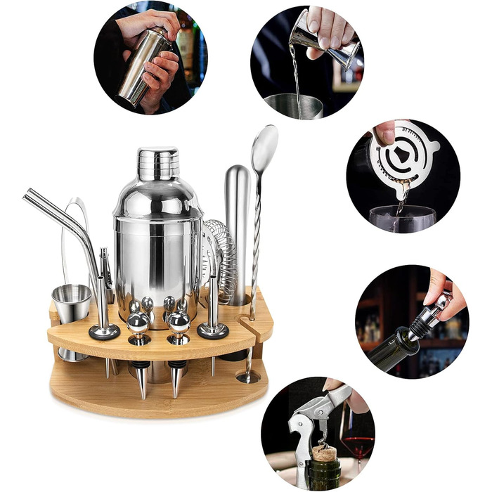 Cocktail Shaker Set, Stainless Steel Cocktail Set, 14-Piece Bartender Kit Bar Accessories, Cocktail Mixer Set with Wooden Stand, 750ML Cocktail Gift Set for Home or the Bar.