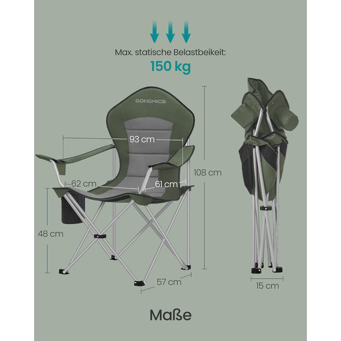 Кемпінговий стілець SONGMICS складаний, зелено-сірий, з підсклянником, тримачем для телефону та органайзером GCB005BH0