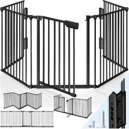 Захист каміну KIDUKU®: металеві сітки з дверцятами, 600 см | Захисні сітки для каміну, складні | Сітки для конфігурації (10 елементів), чорний колір