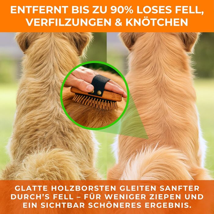 Щітка для собак з довгим волоссям для видалення підшерстка - 100% натуральна щетина, Made in Germany. М'яка щітка для розплутування та вирівнювання шерсті без вискубування - масивний дерев'яний ручка з сертифікацією FSC® + додатковий засіб для чищення щіт