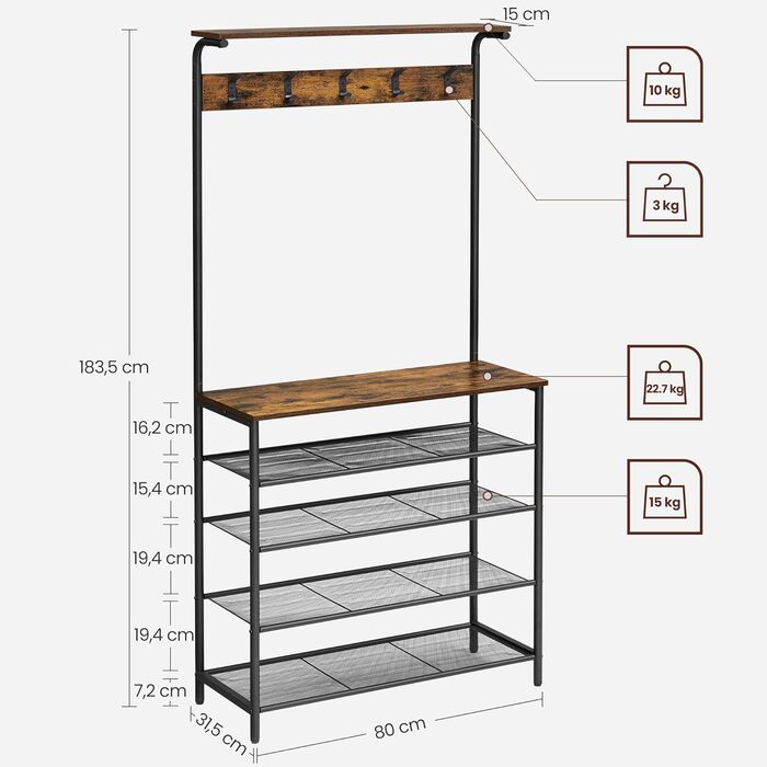 VASAGLE Coat Rack, Clothes Rack, Shoe Shelf, Coat Stand with 5 Double Hooks, 5 Levels, One Shelf on Top, for Apartments, Bedrooms, Hallways, Industrial Design, Vintage Brown-Black HSR408B01