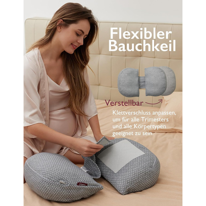 Подушка для вагітних Momcozy з кристального велюру U-подібної форми (145 см) - для тих, хто спить на боці, знімає напругу з спини та стегон (темно-сіра, W-подібна)