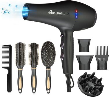 Фен Basuwell Ionen Pro 2100W: Професійний фен для салону краси з іонізацією, 3 режими нагріву, 2 швидкості, насадка-дифузор, AC-двигун, чорний