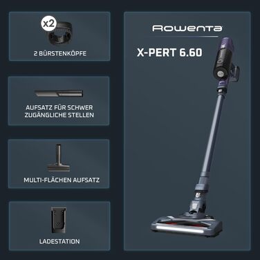 Пылесос Rowenta X-Pert 6.60 Essential аккумуляторный, 100 Вт, 45 мин работы, без мешка, LED-насадка, съемный аккумулятор, насадка для щелей и держатель для стены, фиолетовый/черный, RH6838 X-Pert 6.60 Essential лиловый/серый