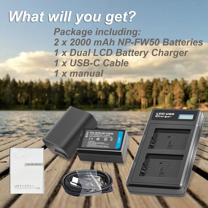 Акумулятор NP-FW50 2000mAh з LED-зарядним пристроєм для камер Sony Alpha A6000, A6500, A6400, A6300, A7, A7II, A7R, A7RII, A7S, A7SII, A7S2, RX10, NEX-3/5/7, 6000, 6400, ZV-E10 (2 шт.)
