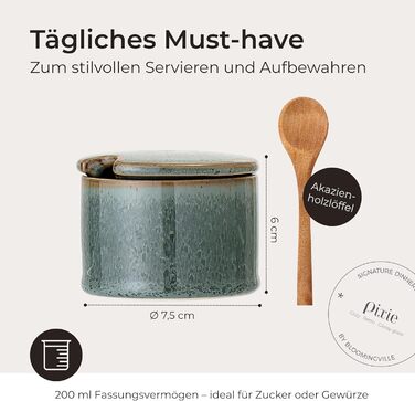 Ваза Bloomingville Pixie з кришкою та ложкою з акації, зелено-коричневий, 200 мл, придатна для миття в посудомийній машині – ідеально для зберігання цукру, спецій та дрібних кухонних інгредієнтів