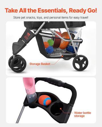 VEVOR 3-Wheel Pet Stroller - Dog & Cat Buggy, 16kg Capacity, Foldable with Cup Holders & Brakes