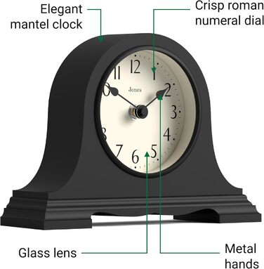 JONES CLOCKS® Speakeasy Table Clock | Classic Napoleon Hat Design | Black | Contemporary classic style for desk, table, shelf, or nightstand