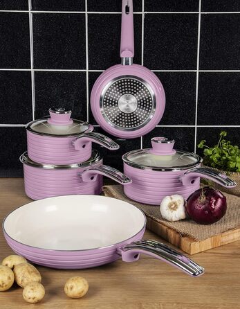 Swan 5-Piece Frying Pan Set, Retro Design, Aluminum, 29.5x47x18 cm (Rose)