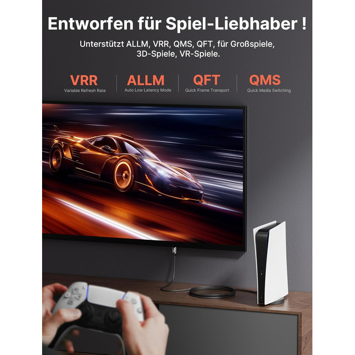 Кабель HDMI 8K JSAUX 5м, HDMI 2.1, Ultra High Speed 48Gbps, 8K@60Hz, 4K@120Hz, eARC, HDR10, HDCP 2.2/2.3, 3D, сумісний з PS5/PS4/X-Box/UHDTV/Blu-ray Player/Монітор, чорний