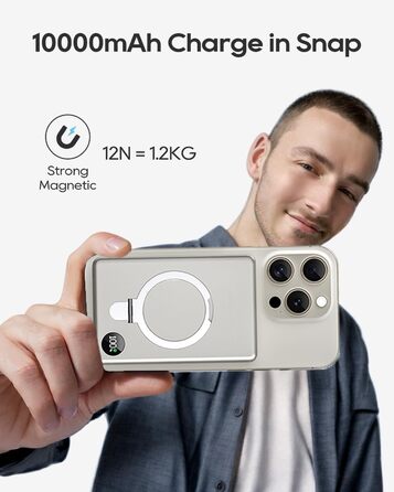 Powerbank MagSafe 10000mAh з PD 20W, бездротова зарядка, USB-C, LED-дисплей, для iPhone 17/16/15/14/13/12, серія Pro/Pro Max, Titanium Grey