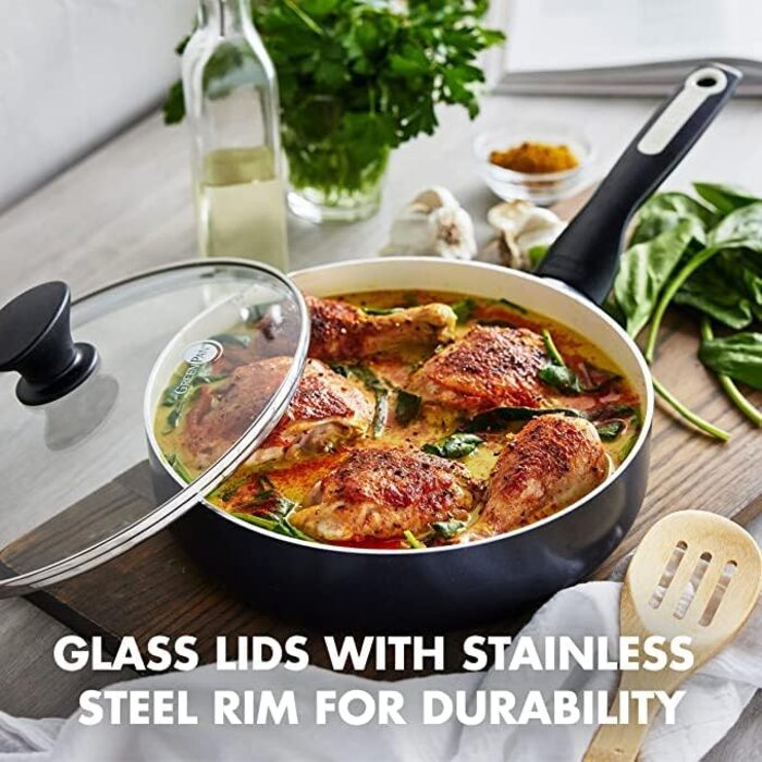 GreenPan Rio Healthy Ceramic Non-Stick 16-Piece Cookware Set with Frying Pans, Sauce Pans, PFAS-Free, Stay-Cool Handle, Oven Safe up to 160°C, Dishwasher Safe, Black & Crème Cookware Set 16-Piece Black & Crème