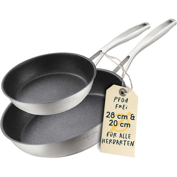 SILBERTHAL 3-Piece Stainless Steel Frying Pan Set - Induction Compatible, Non-Stick, Oven-Safe (up to 250°C) - 20, 24, and 28 cm