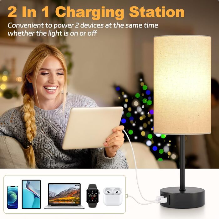 Нічна лампа STANBOW з торшером USB A+C, регульована яскравість, абажур з льону, для спальні, вітальні, дитячої кімнати, гуртожитку, офісу, бежевий відтінок, чорна база