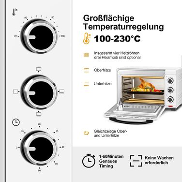 Міні-піч WOLTU 28 л, піч для піци 1600 Вт, 100-230°C, таймер 0-60 хв, 3 режими нагріву, з деко, решіткою, підсвічуванням крихт, підйомником решітки, для випікання, запікання, розморожування, підігріву (біла)