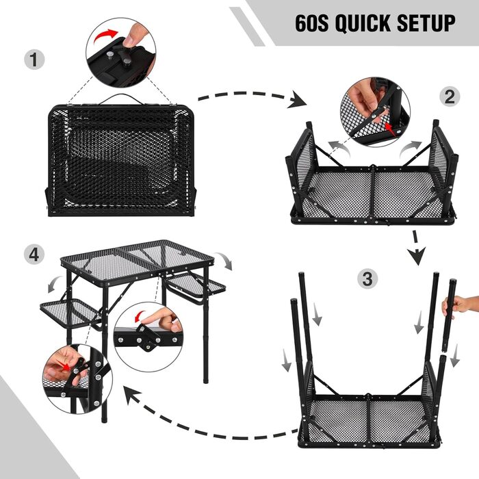 Складний стіл для кемпінгу REDCAMP 60x40 см для пікніка, BBQ, приготування їжі. Легкий, алюмінієвий, з регульованими ніжками, чорний (90x41 см)