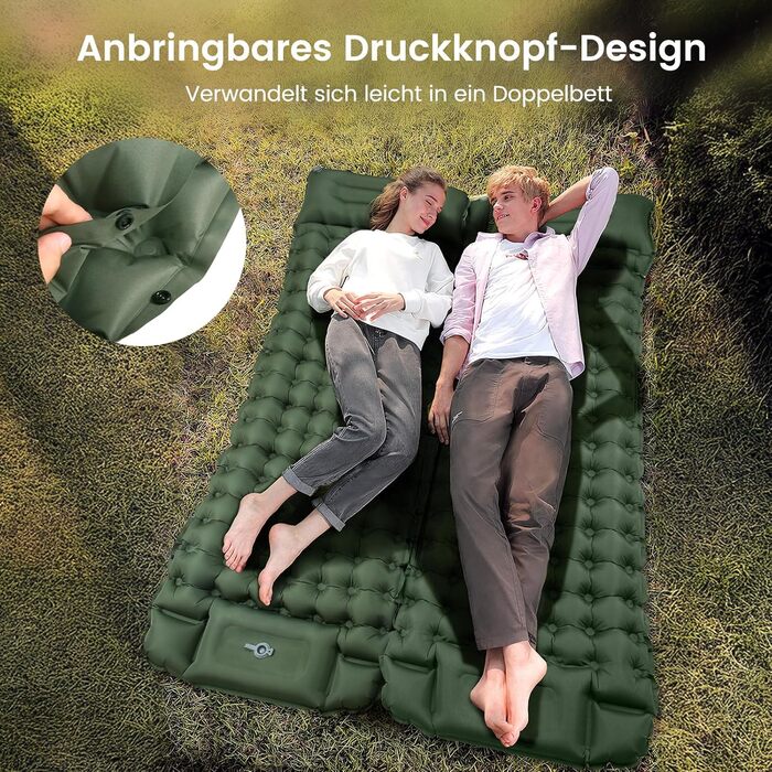 Каремат самонадувний туристичний Tuocal Isomatte, 9 см, з подушкою, з насосом, антиковзаюча поверхня, для кемпінгу, відпочинку на природі, подорожей, намету (армійний зелений)