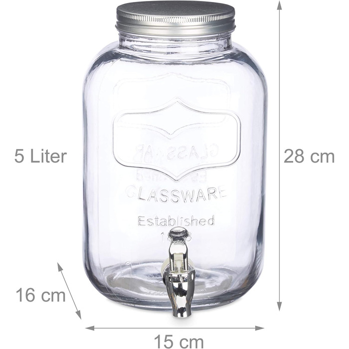 Диспенсер для напоїв Relaxdays 5 л, скло, кран, ретро, для кафе/ресторану, вінтажний, для вечірок на подвір'ї, прозорий