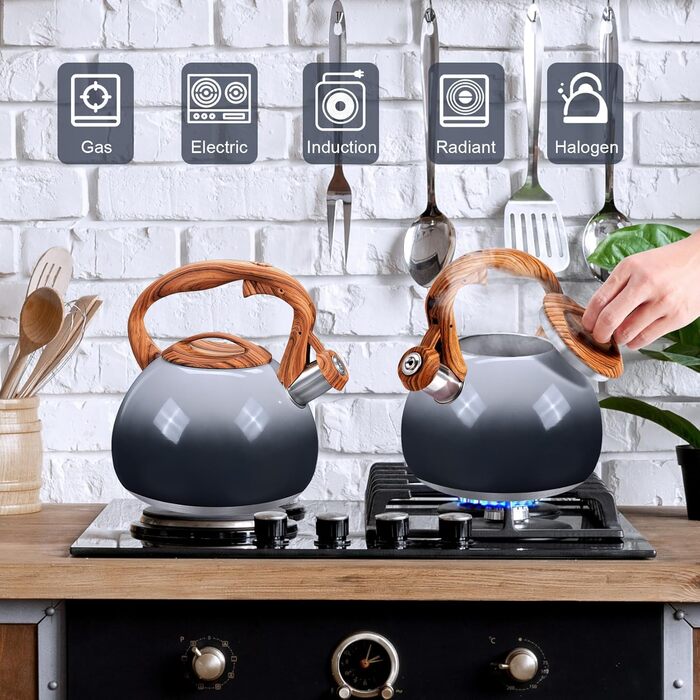 Чайник для плити GGC з регулятором рівня води 3.1 л / 3 л, з свистком, градієнт кольору сірий/чорний, з дерев'яною ручкою, з нержавіючої сталі для дому
