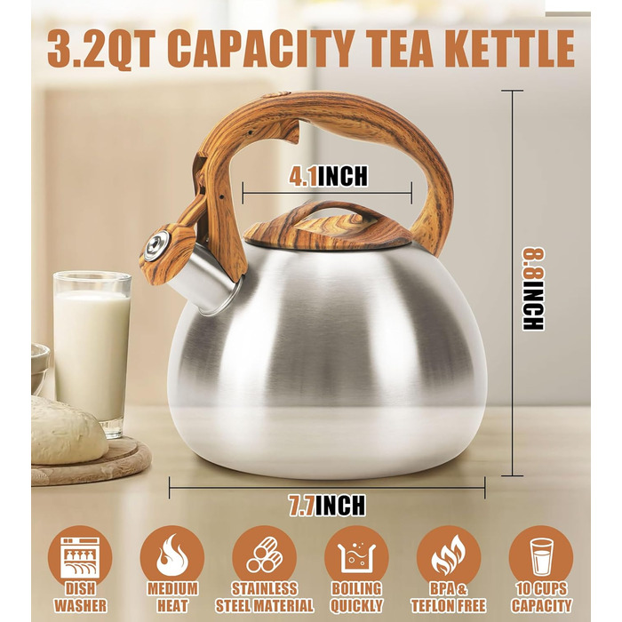 Чайник-свисток Foedo з нержавіючої сталі з дерев'яною обробкою, 3.2 л, для чаю, води, кави та молока, класичний дизайн, червоний (срібний)