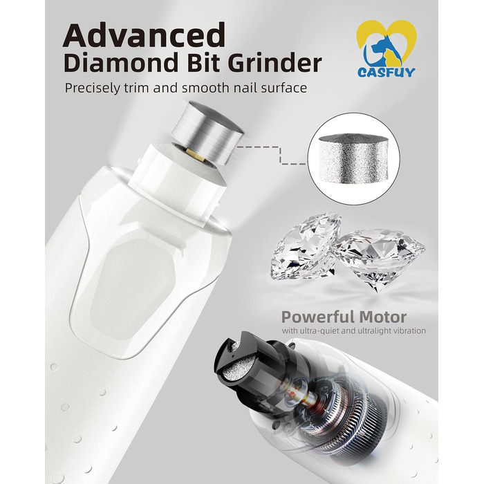 Електричний точилка для кігтів собак Casfuy - 6 режимів, 45 dB, з LED-підсвічуванням, для великих, середніх та малих собак, з захистом від пилу (білий)