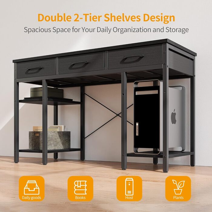 CubiCubi 120x50cm Desk with 3 Drawers & 4 Shelves - Home Office, Computer & Gaming Desk - Black