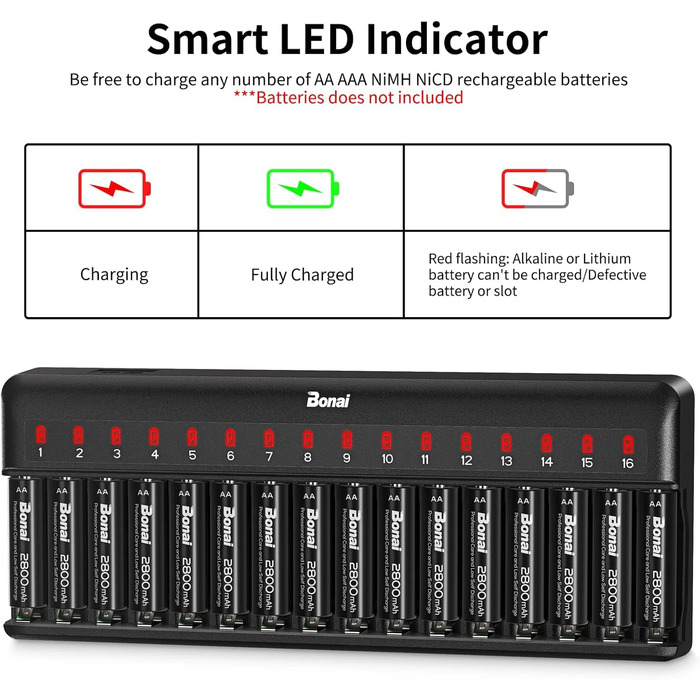 Зарядний пристрій BONAI для акумуляторів AA AAA з LED-індикатором, 16 слотів, універсальний, чорний
