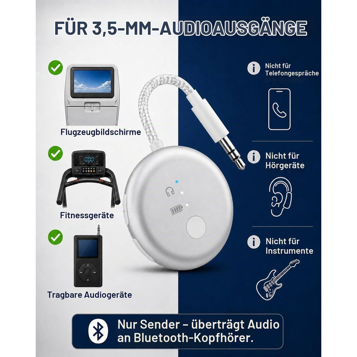 Bluetooth-адаптер для літака Avantree SoundJet R1 для AirPods та бездротових навушників, сріблястий, 25 год роботи