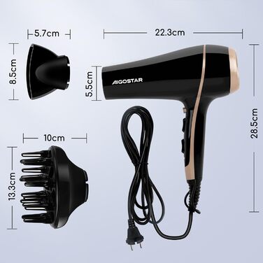 Фен Aigostar Lora: 2400W, іонізація, 3 режими температури, 2 швидкості повітря, чорний