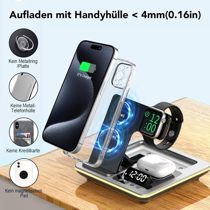 Багатофункціональна зарядна станція Hatalkin 5 в 1 для iPhone, Apple Watch та AirPods Pro. З функцією будильника та нічника, срібна