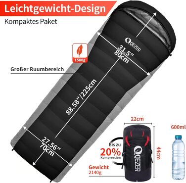 Спальний мішок пуховий зимовий, 600FP+ преміум пух, 12°C до -24°C, легкий та теплий для 3-4 сезонів, кемпінг, походи та трекінг, чорний