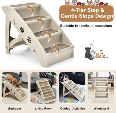 Сходинка для тварин SOARS, 4-ступенева, для собак та котів, з килимком з повсті, до 60 кг, антиковзаюча, для ліжка, авто, дивана (Бежевий)
