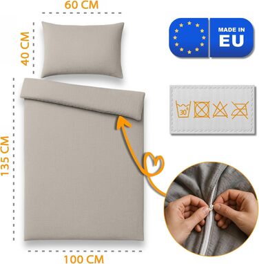 Бетлічна постільна білизна для дитячого ліжечка з мусліну, 100x135 см - комплект з подушкою 40x60 см та ковдрою 100 x 135 см, бавовна, сертифікат Oeko-Tex, сірий колір