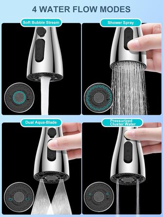 Кухонний змішувач SREWOHS PRO з висувним виливом, 360° обертання, 4 режими розпилення, однорегуляторний, високий вилив, ABS-розпилювач для кухонної мийки, проста установка