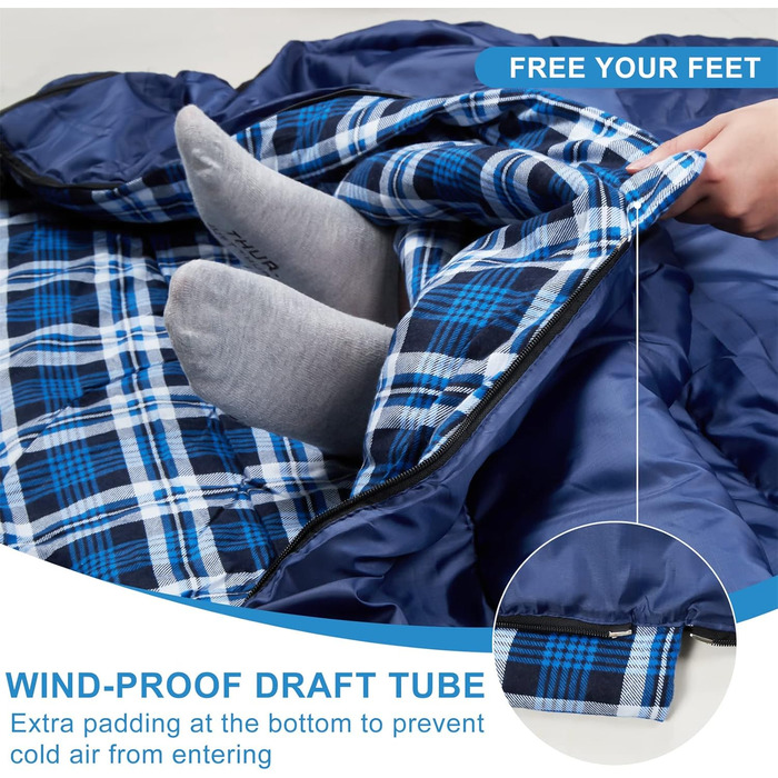 Cotton Flannel Double Sleeping Bag for Camping, Hiking, and Backpacking - Queen Size 2 Person Waterproof Sleeping Bag for Adults & Teens - Lightweight Blue/Blue