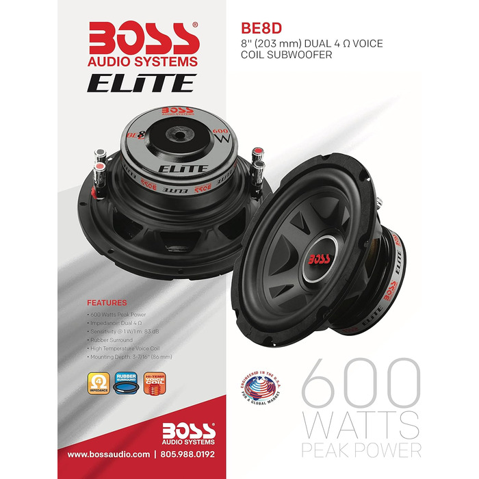 Сабвуфер Audio Systems Elite BE8D 20 см, 300 Вт RMS, 600 Вт макс, подвійна котушка 4+4 Ом, 83 дБ, для авто, 8 дюймів