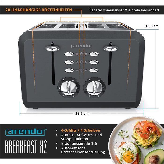 Arendo - Automatic 4-Slice Toaster in Stainless Steel, toasting up to four sandwiches and toast slices, browning level 1-6, warming and defrost function, crumb tray, 1630 W, GS certified A: Cool Grey