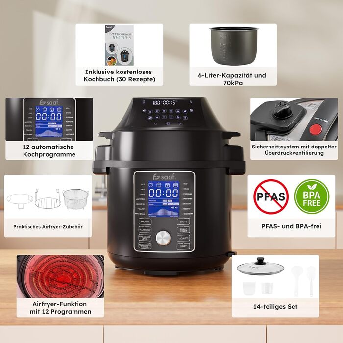 Мультиварка Saaf з Airfryer – 15-ти частинний набір, 24 програми – мультиварка, рисоварка, пароварка, сковорода-каструля – 6л – з корзиною, каструлею та кулінарною книгою – цифровий дисплей
