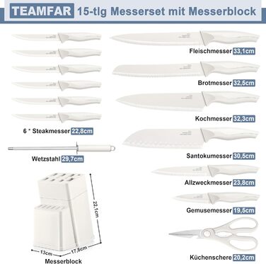 Набір кухонних ножів TEAMFAR з підставкою, 15 предметів, нержавіюча сталь, з точильним каменем, антипригарне покриття для нарізки, подрібнення, дрібної нарізки