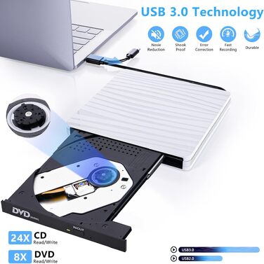 Зовнішній DVD-привід USB 3.0 та Type-C, портативний CD/DVD+/-RW записувач для ноутбука, ПК, MacBook, Windows, MacOS, Linux (Білий)