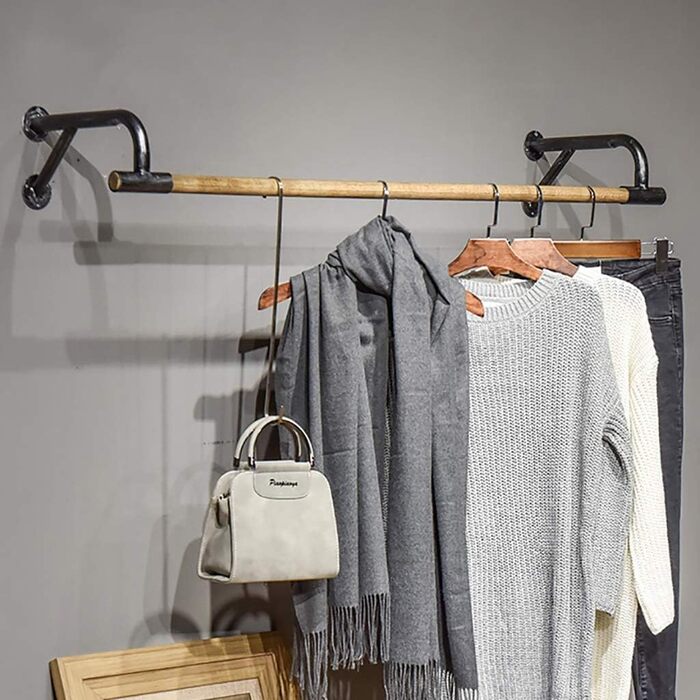 Wooden wall panel dresses a hanging rod, industrial clothes rack, clothing display rack for retail clothing - 120x29x16cm
